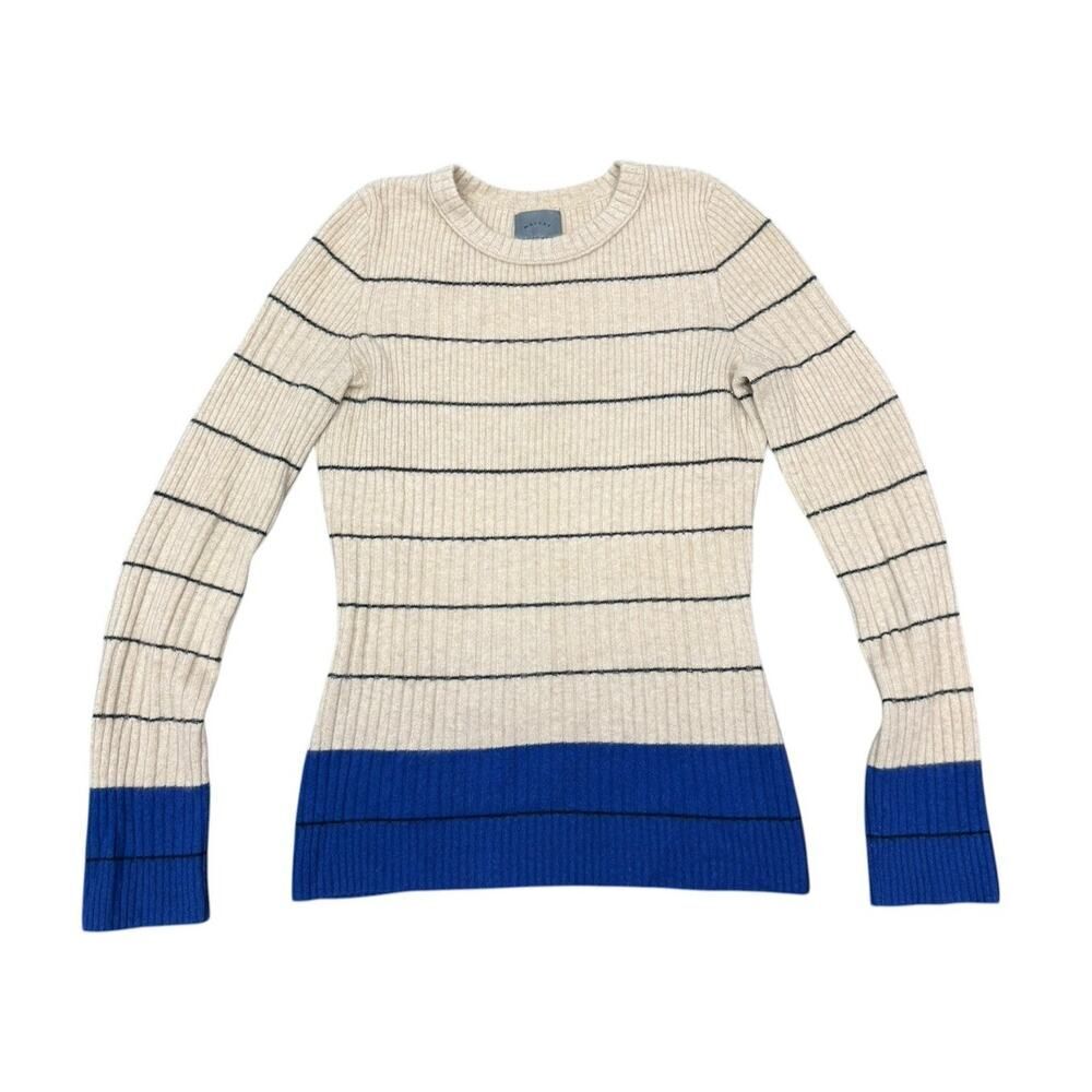 Maiyet 100% Cashmere Sweater XL Ribbed Stripe Beige Blue Mongolian